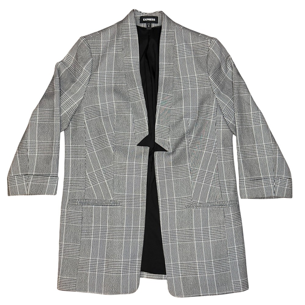 Express Blazer Women M Grey Plaid Open Front Longline